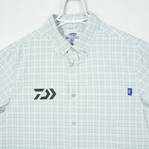 AFTCO Other - AFTCO Mens Short Sleeve Plaid Fishing Shirt Grey White Daiwa Logo Size S